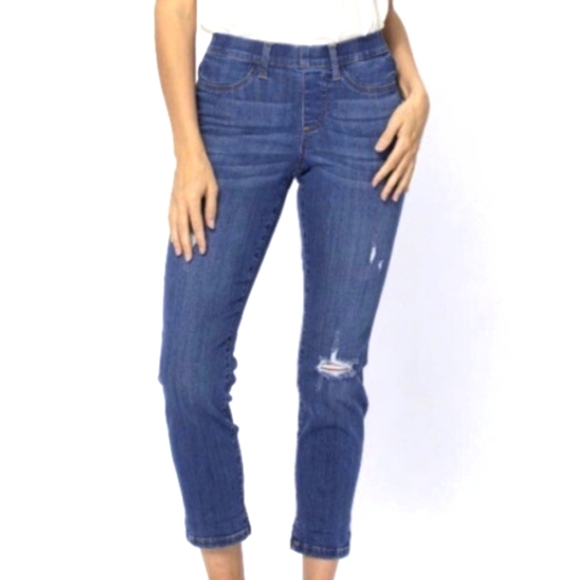 NWOT Judy Blue Pull On Boyfriend Jeans Size 15 32 High Waisted Distressed - Picture 1 of 6
